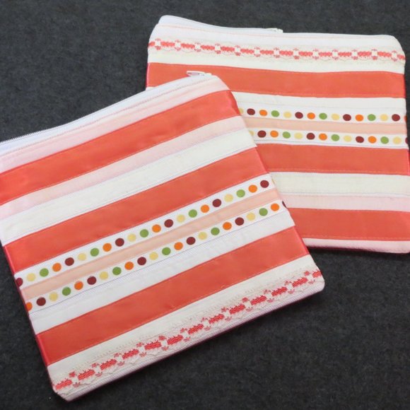 Coral Striped Zippered Pouch Makeup Bag Art Supply Storage Travel Tote - Picture 3 of 5